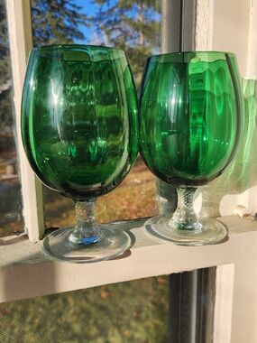 Vintage Empoli MCM Emerald Green Optic Glass Brandy Snifter Italy Twisted Stem